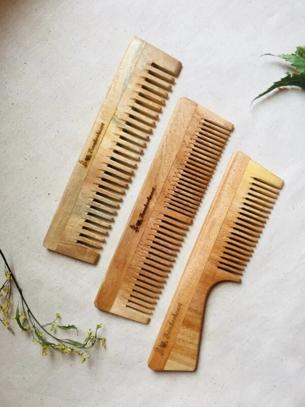 Neem Wood Comb (Set of 3 - Handle + Wide teeth + Double teeth)