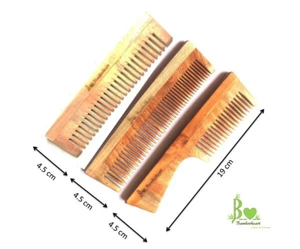 Neem Wood Comb (Set of 3 - Handle + Wide teeth + Double teeth) - Image 2