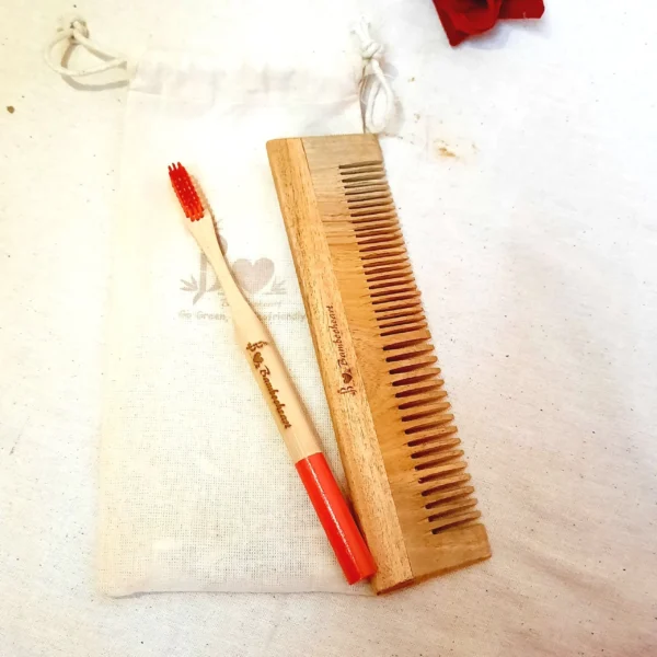 Neem wood comb and Bamboo Toothbrush with red bristles