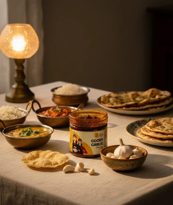 goody garlic pickle with roti and dal