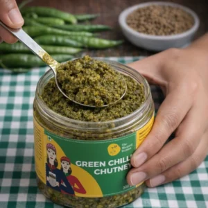 green chilli chutney closeup spoon scoop
