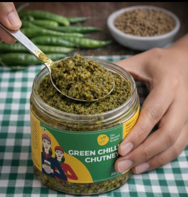 green chilli chutney closeup spoon scoop