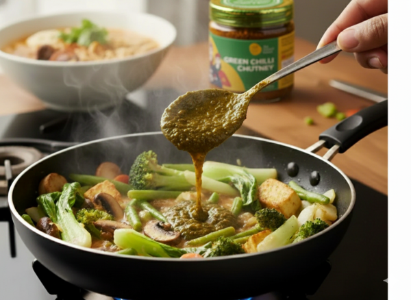 green chilli chutney cooking in pan