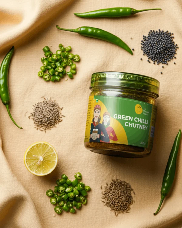 green chilli chutney ingredients flat lay