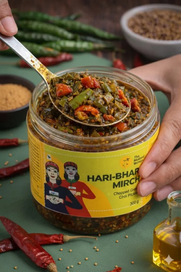 haribhari mirch pickle closeup spoon