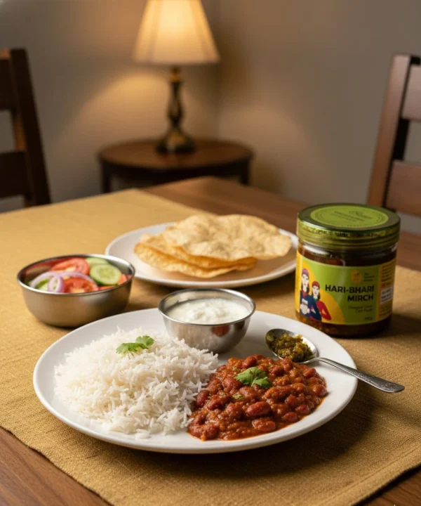haribhari mirch pickle with rice thali