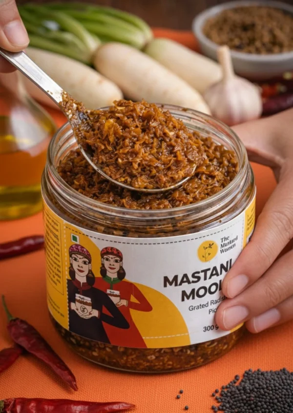 mastani mooli pickle closeup spoon scoop
