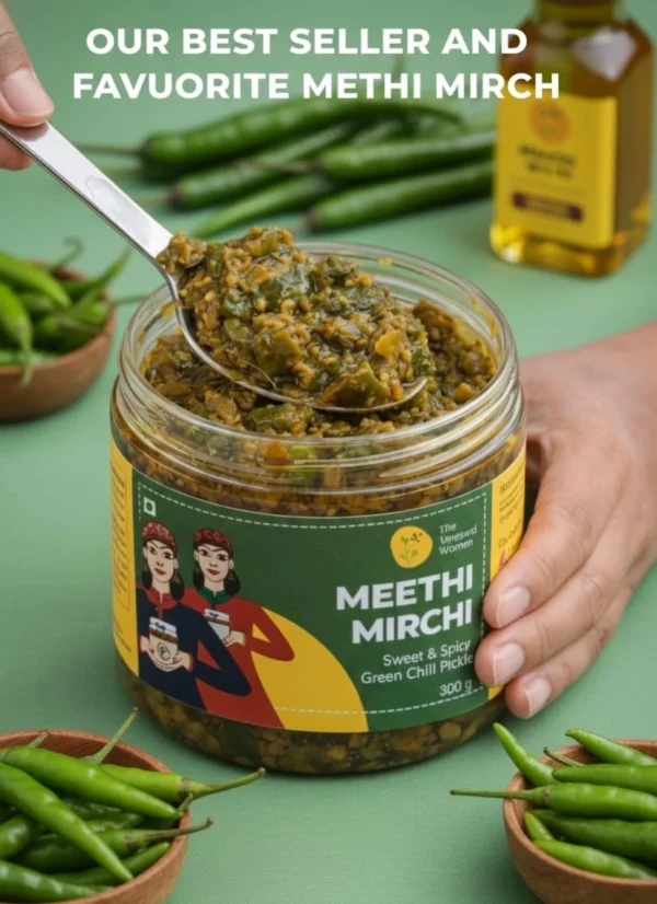 meethi mirch pickle closeup spoon scoop