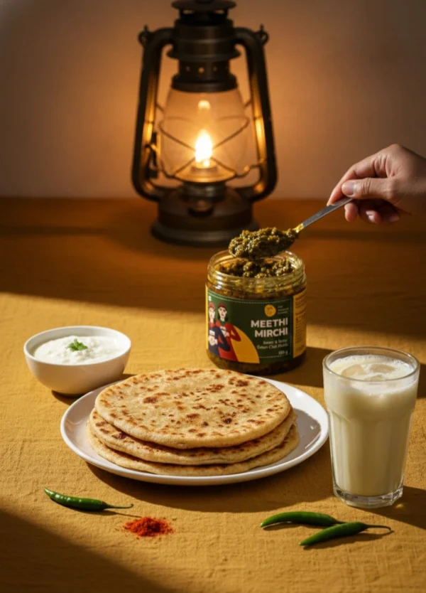 meethi mirch pickle jar with paratha setup