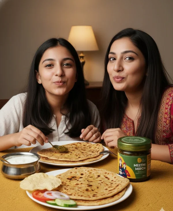 meethi mirch pickle with paratha meal closeu