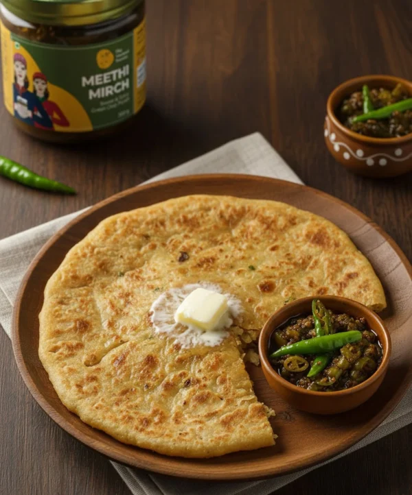 meethi mirch pickle with paratha serving