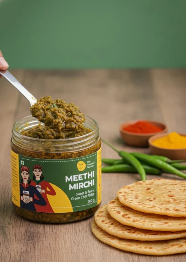 meethi mirch pickle wooden table product shot