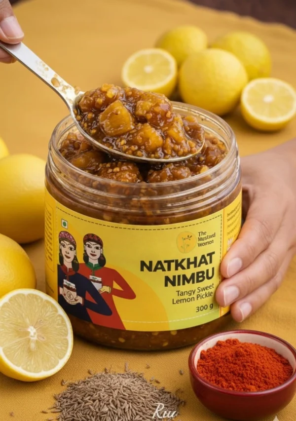 natkhat nimbu pickle closeup spoon scoop