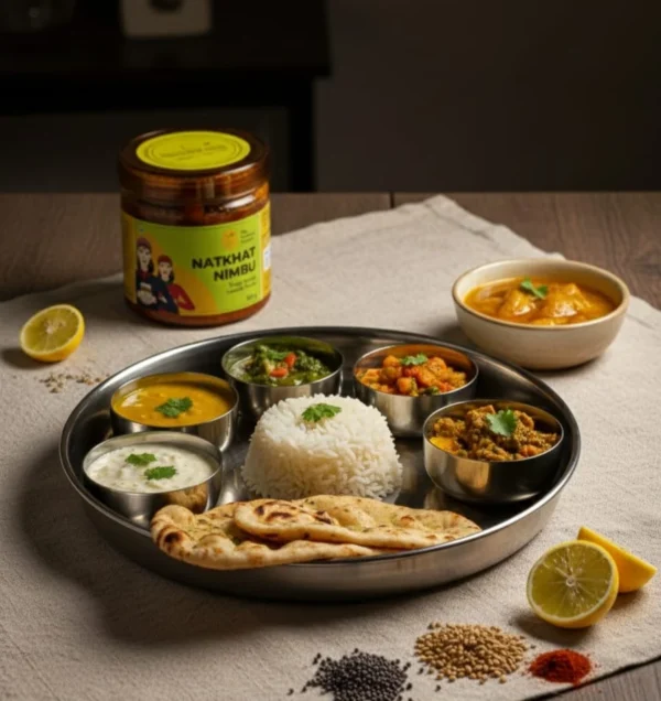 natkhat nimbu pickle thali meal setup