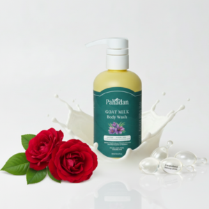 pahadan goat milk body wash product with rose and milk splash
