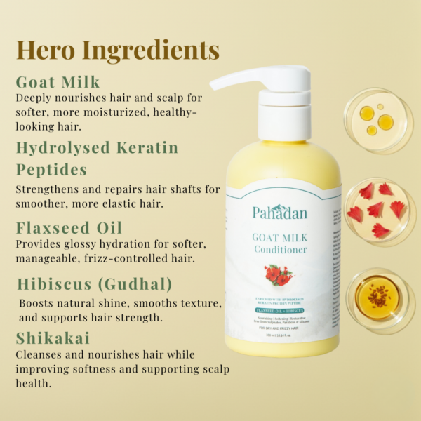 pahadan goat milk conditioner hero ingredients keratin flaxseed hibiscus shikakai