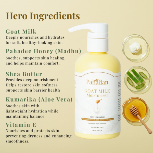 pahadan goat milk moisturiser hero ingredients shea butter honey aloe vera vitamin e