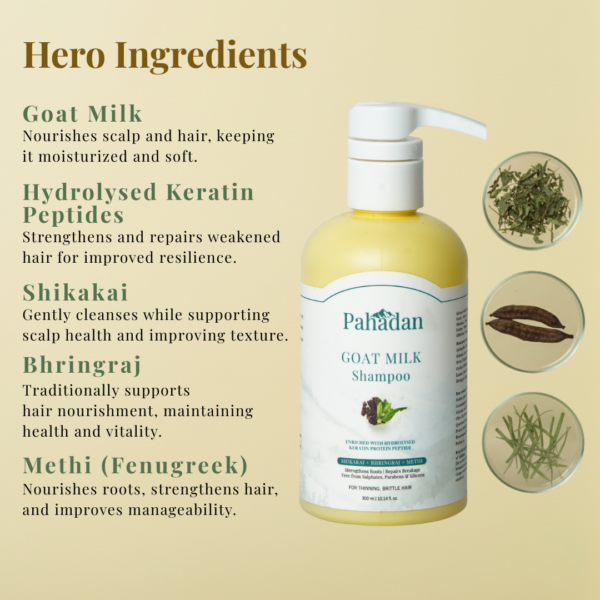 pahadan goat milk shampoo hero ingredients keratin shikakai bhringraj methi