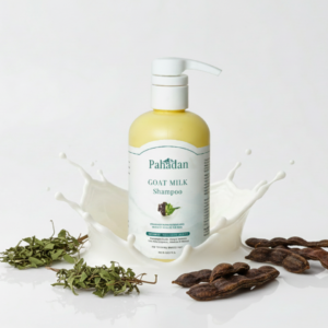 pahadan goat milk shampoo product with herbs and milk splash