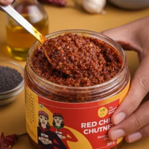 red chilli chutney closeup spoon scoop