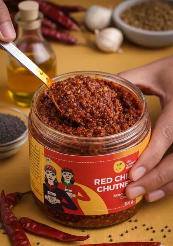 red chilli chutney closeup spoon scoop