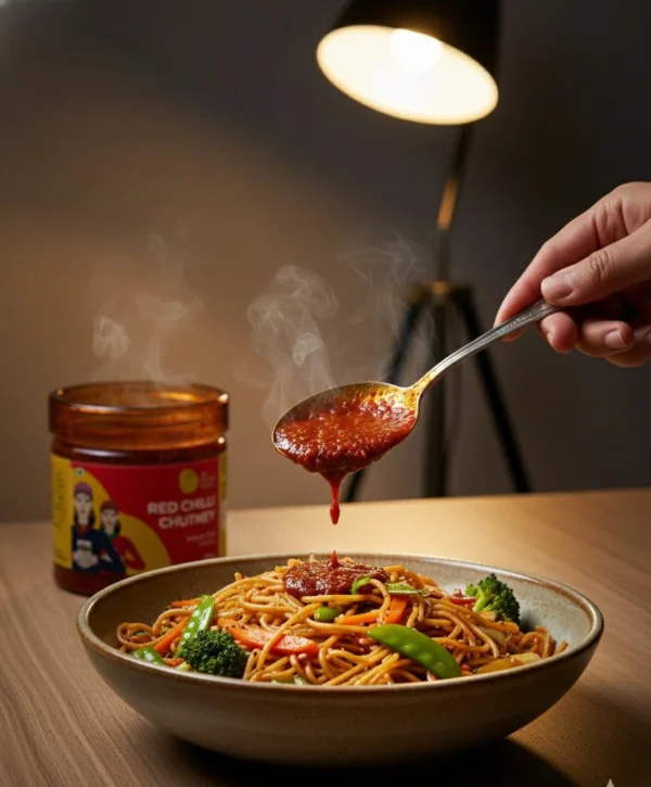 red chilli chutney noodle topping scene