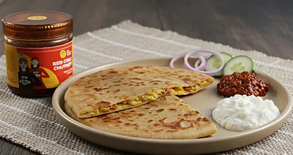 red chilli chutney paratha meal plate