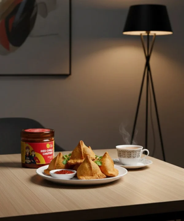 red chilli chutney samosa snack table