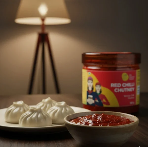 red chilli chutney with momos serving