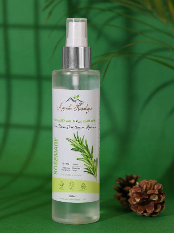 rosemary water hair care product green background